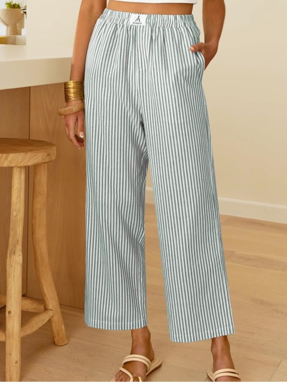 NWT Striped Wide-Leg Lounge Pants - Pale green & White🌻